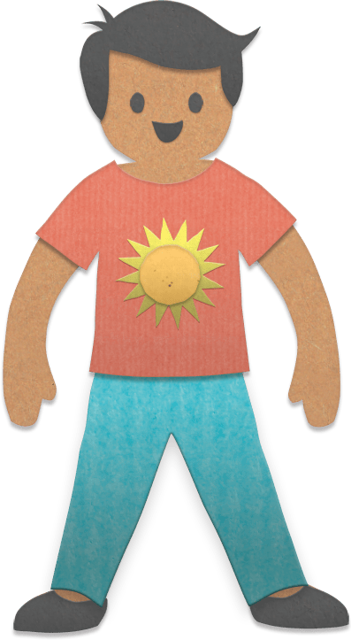 paper person with black hair, red shirt, blue pants