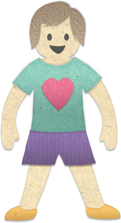 paper person with brown hair, green shirt, purple shorts