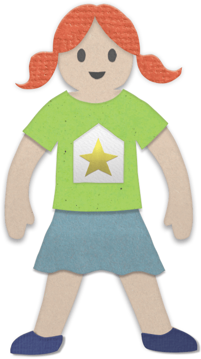 Cardboard person with red pigtails, green shirt, blue skirt